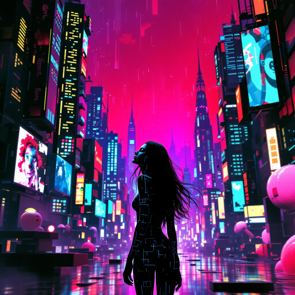 A silhouetted figure stands in a vibrant, neon city, surrounded by glowing advertisements and a rain-soaked landscape, embodying a world of shifting realities and elusive truths.