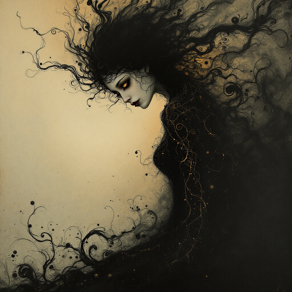 A dark, ethereal figure with swirling hair and golden accents embodies a soulful quest for autonomy and existence, reflecting the quote about choosing one's identity.