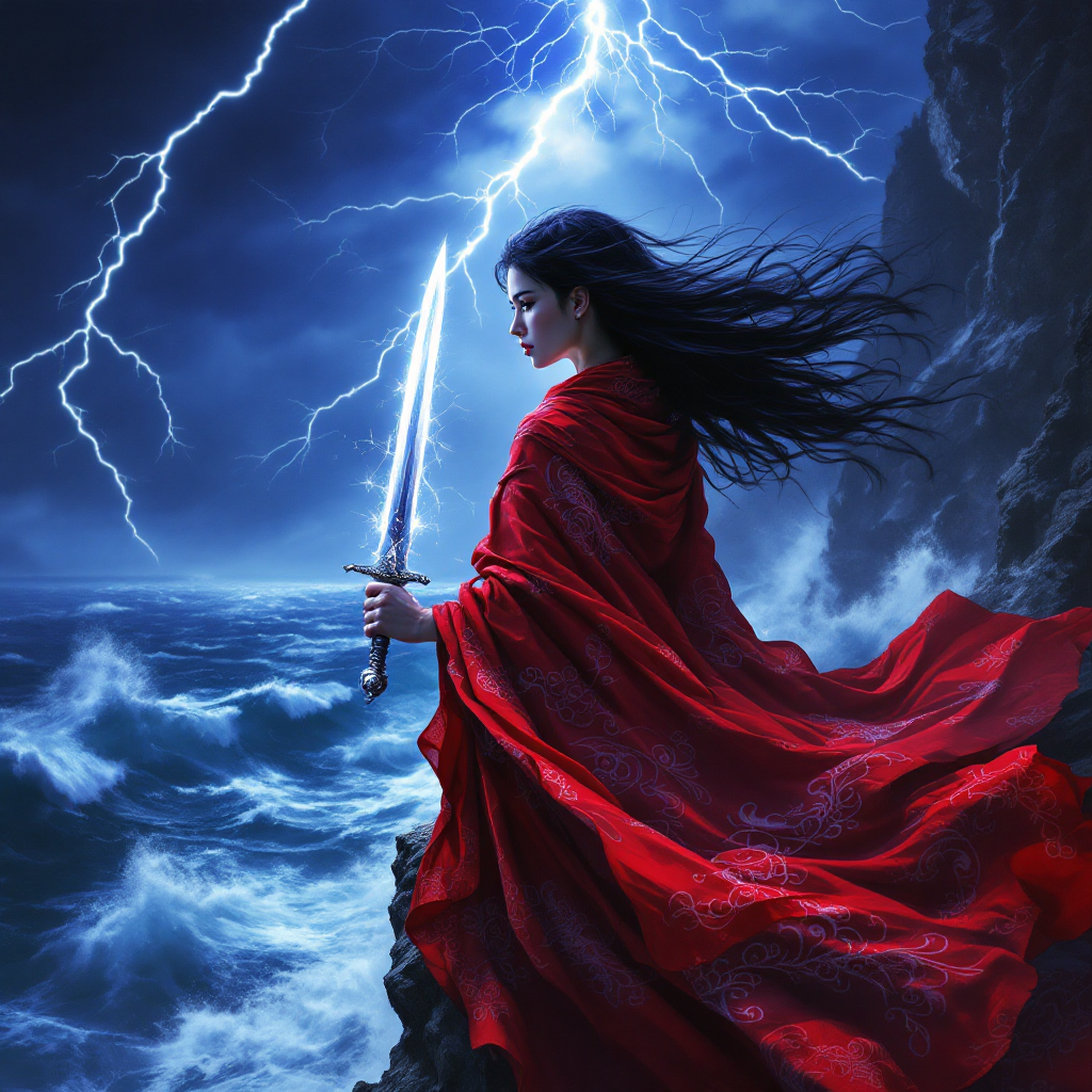 A figure in a flowing red cloak stands on a rocky shore, wielding a sword against a backdrop of dramatic lightning and turbulent waves, echoing the quote on embracing life's dangers.