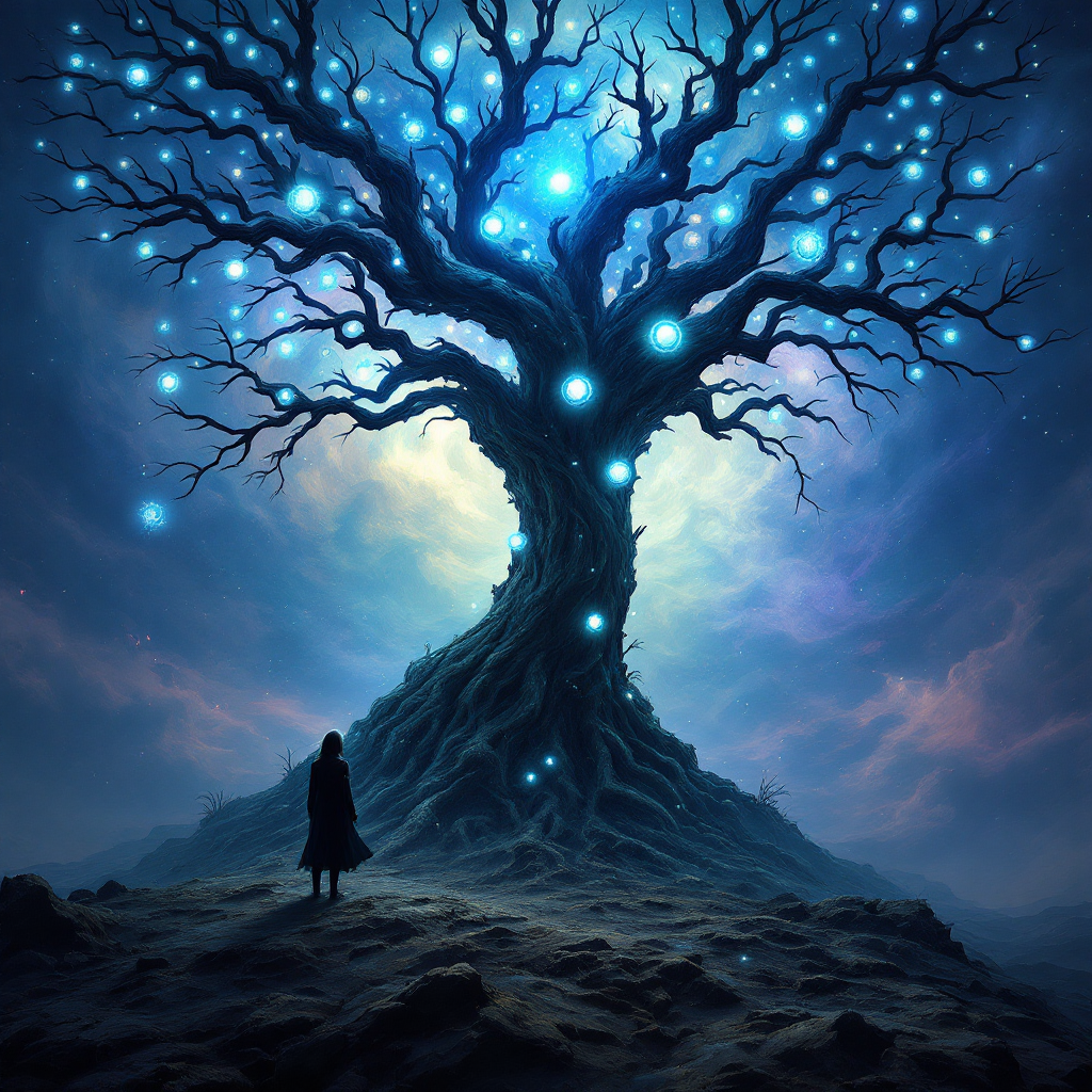 A solitary figure stands before a majestic, glowing tree, its branches adorned with blue orbs, symbolizing memories illuminated against a mystical, twilight backdrop.