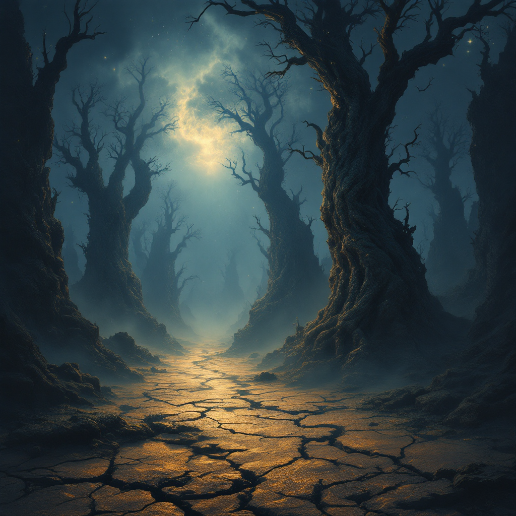 A misty, ethereal forest at night, with gnarled trees lining a cracked path illuminated by a pale moon, evoking a sense of memory and the passage of time.