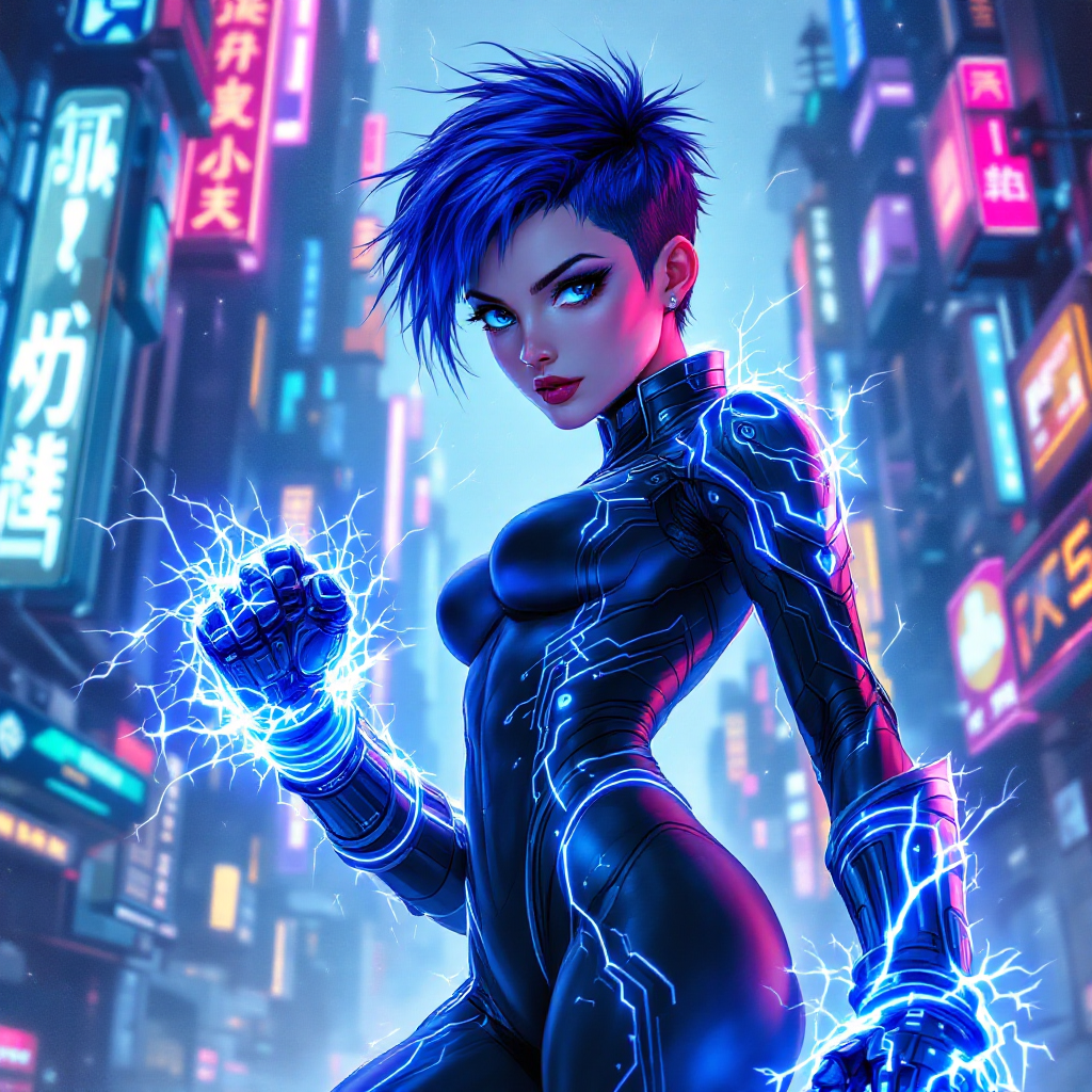 A confident figure stands in a neon-lit urban landscape, crackling with electric energy, embodying strength and resilience, reflecting the quote about ultimate power dynamics.