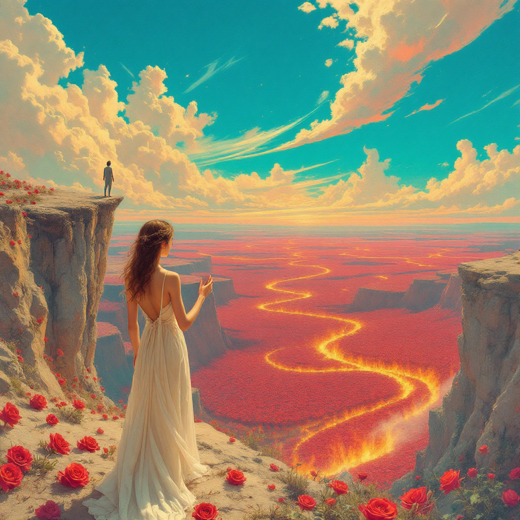 A woman in a flowing white dress stands on a cliff, gazing at a fiery river snaking through a vibrant landscape, embodying the quote about yielding to temptation.