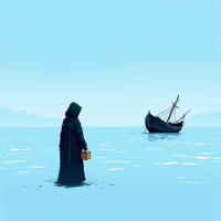 A figure in a hooded cloak stands in shallow water, holding a wooden box, gazing at a small boat in the distance against a serene blue sky, embodying the essence of following one's heart.