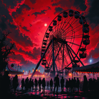 A dark, eerie fair scene illuminated by a striking red sky. Silhouettes of people gather near a towering ferris wheel, capturing the contrast of light and dark as described in the quote.