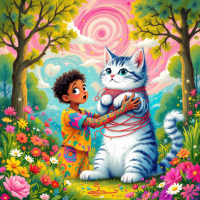 A child in colorful attire gently holds a large, playful cat wrapped in red yarn, surrounded by vibrant flowers and trees, embodying the idea of losing control in attempts to control others.