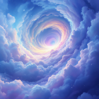 A swirling vortex of pastel clouds merges with the ethereal glow of light, embodying the idea that small acts create profound ripples in the universe.