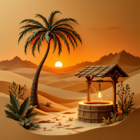 A serene desert scene at sunset, featuring a rustic well surrounded by palm trees and gentle dunes, embodying the beauty and hidden treasures of arid landscapes.