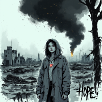 A lone figure in a hoodie stands amidst a desolate landscape, with smoke rising in the background. A glowing heart illuminates their chest, embodying the quote, “Hope is a dangerous thing in a world full of hunger.”