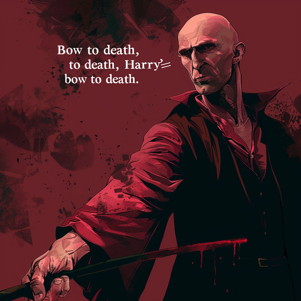 A menacing, bald figure in dark robes points a wand, with the phrase Bow to death, Harry… bow to death written on a dark, blood-red background.