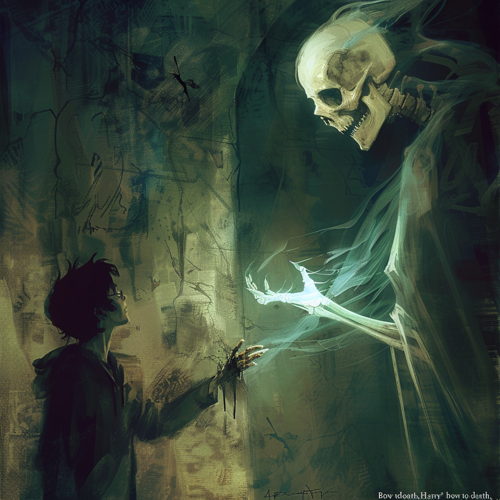 A shadowy figure with messy hair reaches towards a towering, spectral grim reaper with an outstretched skeletal hand, against a dark and eerie background.