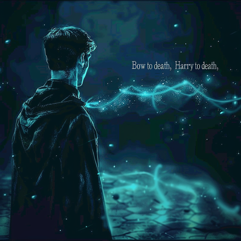 A figure in a dark cloak stands facing an eerie, glowing wisp. The text Bow to death, Harry… bow to death, is subtly superimposed, evoking a mystical and ominous atmosphere.