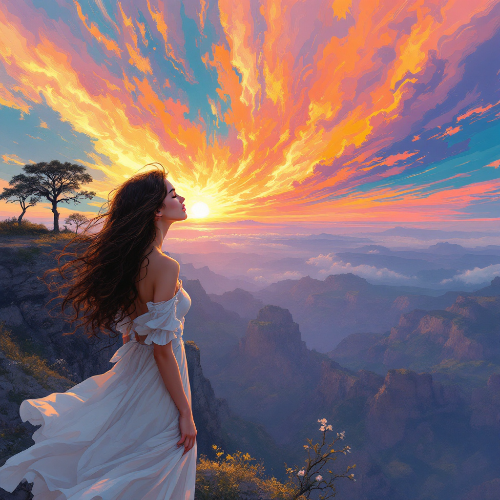 A woman in a flowing white dress stands on a rocky ledge, gazing at a vibrant sunset that fills the sky with shades of orange and purple, evoking the feeling of precarious hope.