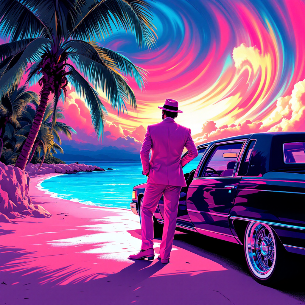 A man in a suit stands near a black car on a vibrant beach, gazing at a swirling sunset. This scene evokes the sentiment, He who knows nothing, loves nothing.