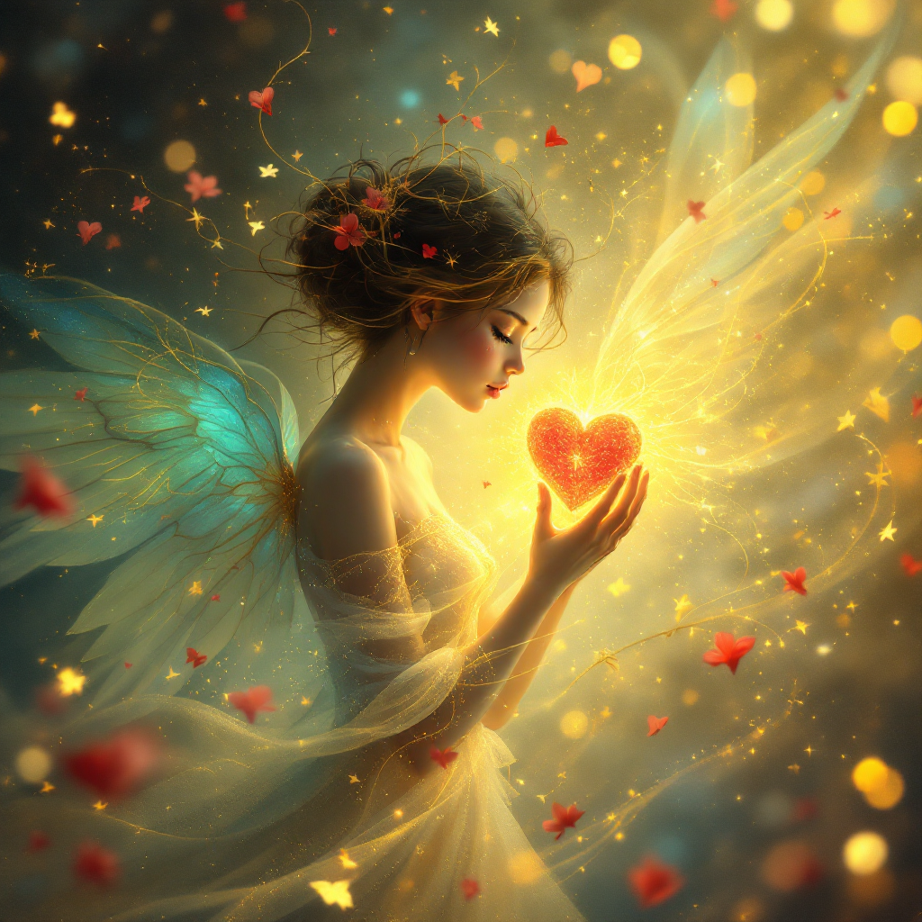 A delicate fairy with glowing wings cradles a radiant heart, surrounded by soft light and floating hearts, embodying the essence of healing and love from the quote.