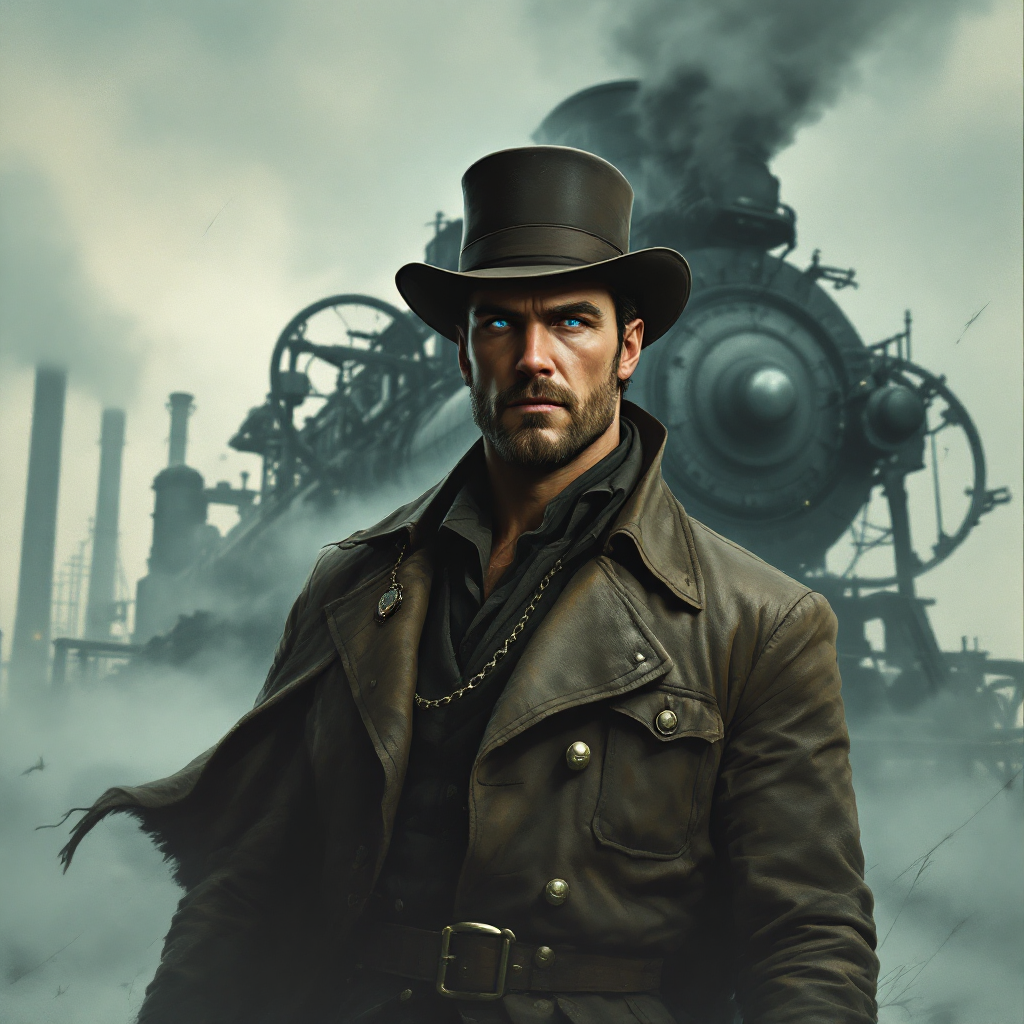 A rugged man in a long coat and top hat stands confidently against a backdrop of a steam locomotive, embodying the essence of loyalty and support in challenging times.