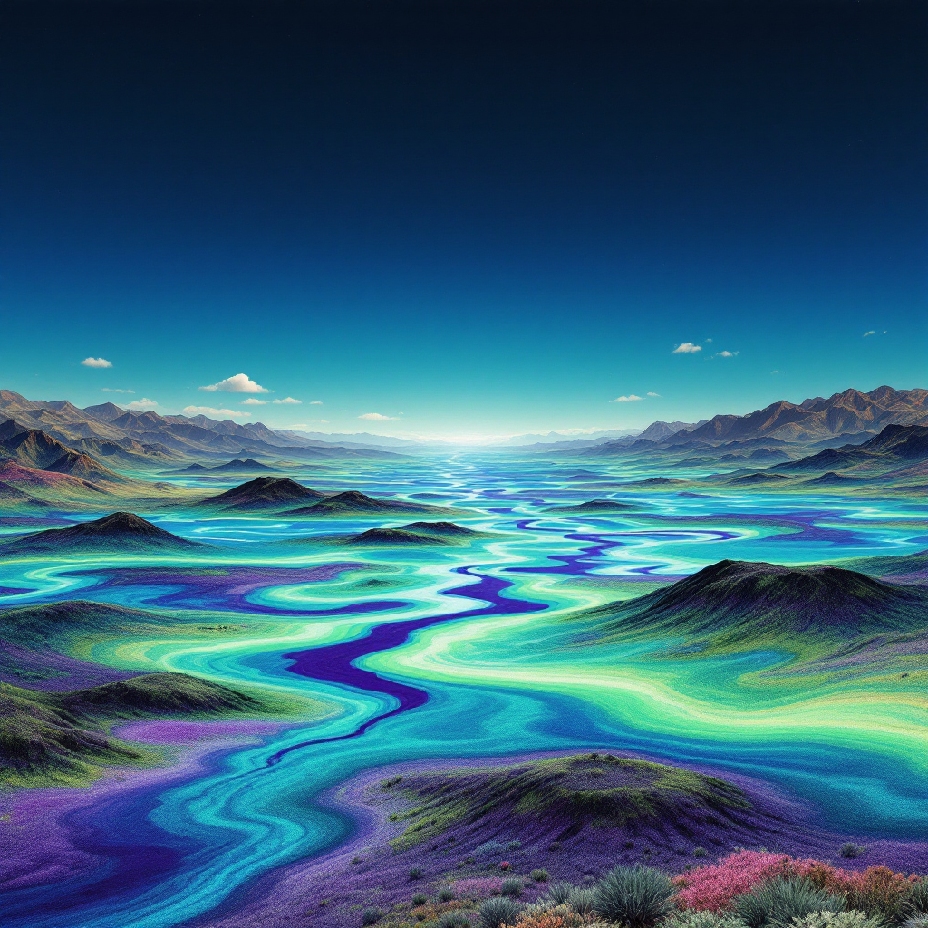 A surreal landscape features vibrant, swirling rivers of blue and green, set against a vast horizon that subtly suggests the contrast between perception and reality.