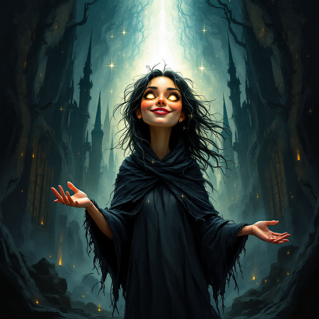 A figure in a dark cloak stands in a shadowy forest, arms outstretched, illuminated by a radiant light above, embodying hope and the search for light amidst darkness.