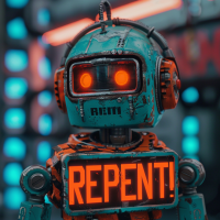 A robot with glowing red eyes and a distressed blue and orange body holds a sign that reads REPENT! against a background of colorful, futuristic lights.