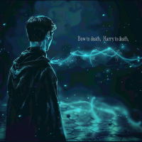 A figure in a dark cloak stands facing an eerie, glowing wisp. The text Bow to death, Harry… bow to death, is subtly superimposed, evoking a mystical and ominous atmosphere.