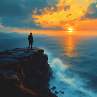 A silhouetted figure stands on a cliff's edge, gazing at a vibrant sunset over the ocean, embodying the powerful drive of hope as it inspires endless possibilities.