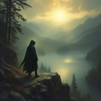 A cloaked figure stands on a rocky ledge, gazing over a misty lake surrounded by mountains, as a warm glow from the sunrise breaks through the clouds, symbolizing hidden creativity.