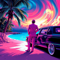 A man in a suit stands near a black car on a vibrant beach, gazing at a swirling sunset. This scene evokes the sentiment, He who knows nothing, loves nothing.