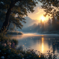 A serene landscape features a calm lake reflecting a golden sunrise, surrounded by trees and soft mist, evoking the essence of dreams and the stars that listen.