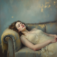 A serene young woman in a delicate gown lies languidly on a faded couch, embodying a sense of loss and melancholy, reflecting the quote about a mother’s death.