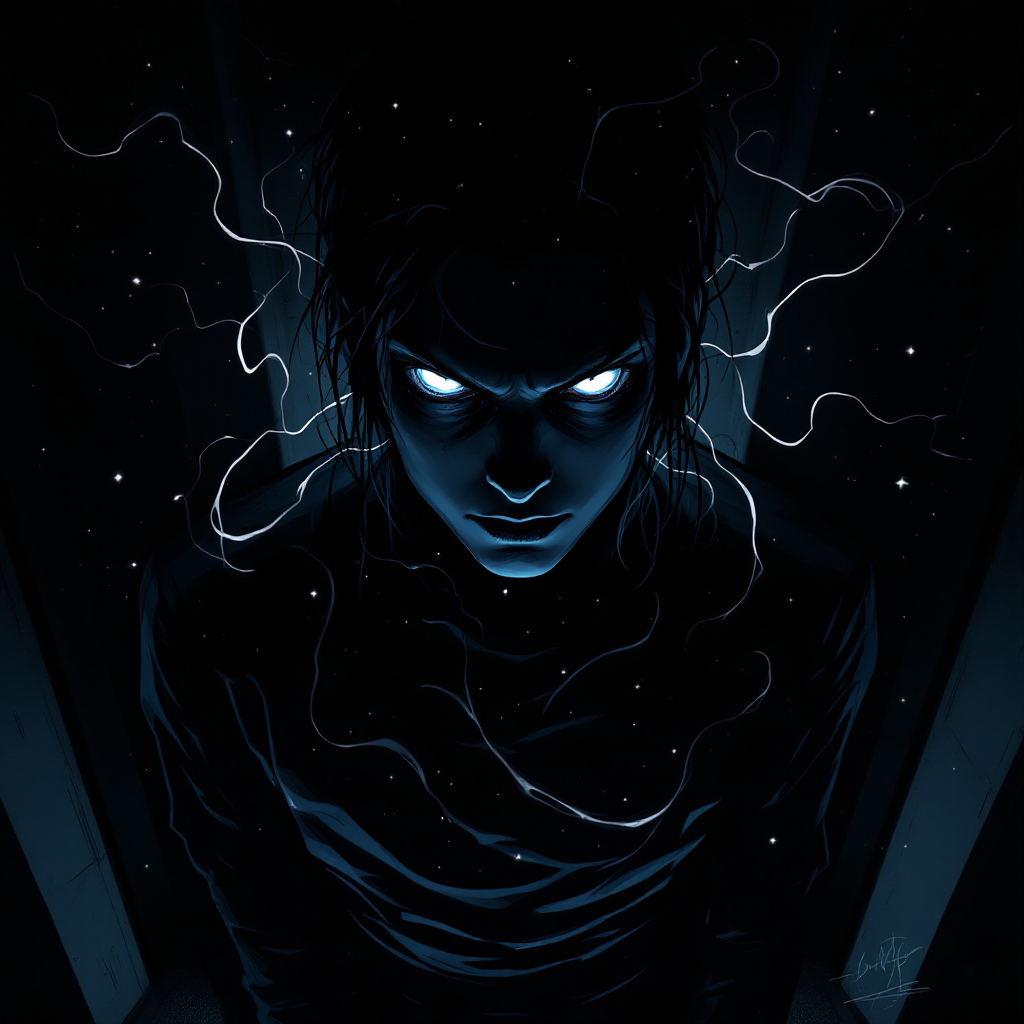 A shadowy figure with glowing blue eyes stares intensely, surrounded by swirling dark energy and a cosmic backdrop, evoking an unsettling awareness and vigilance.