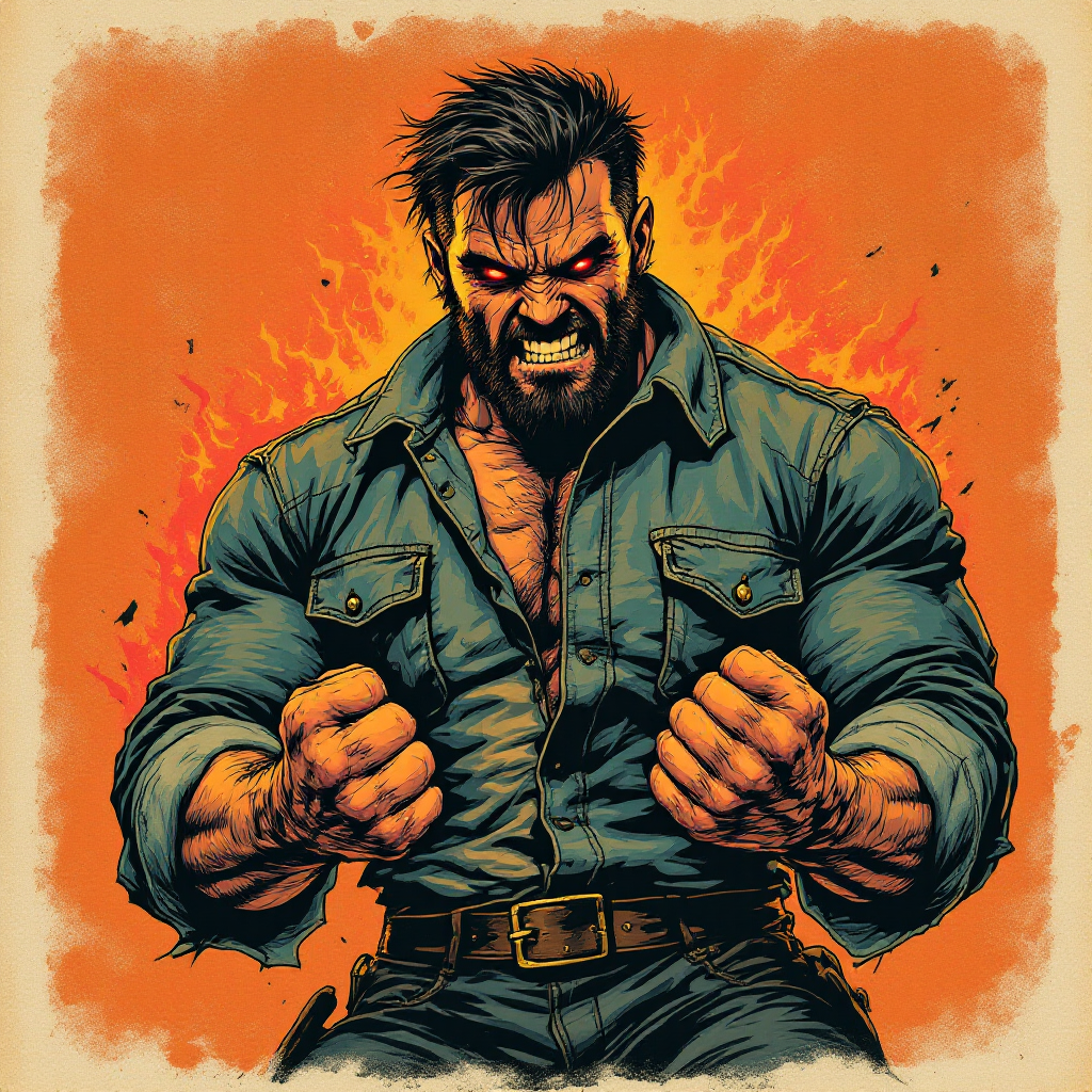 A muscular, intense man in a buttoned shirt clenches his fists, showcasing raw anger against a fiery orange background, reflecting the quote about the dangers of unchecked emotions.