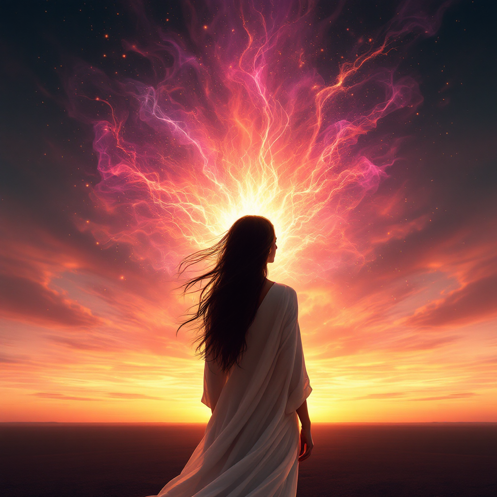 A silhouetted woman in a flowing white garment stands against a vibrant sunset, embodying passion and the beauty of embracing her unique story. A radiant glow surrounds her.