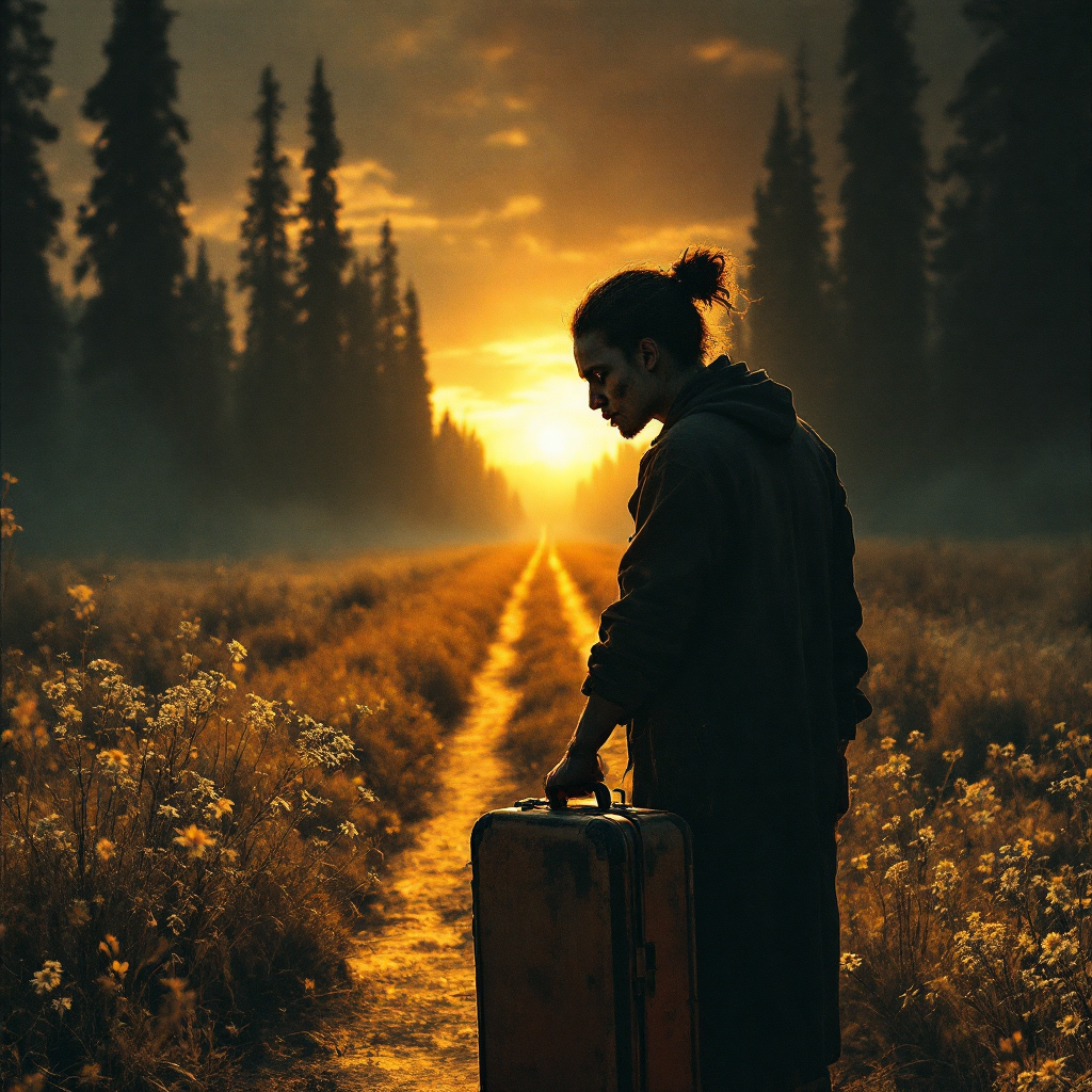 A silhouetted figure stands beside a suitcase on a flower-lined path, bathed in the warm glow of a sunset, embodying the tension of a life enriched yet unsettled.