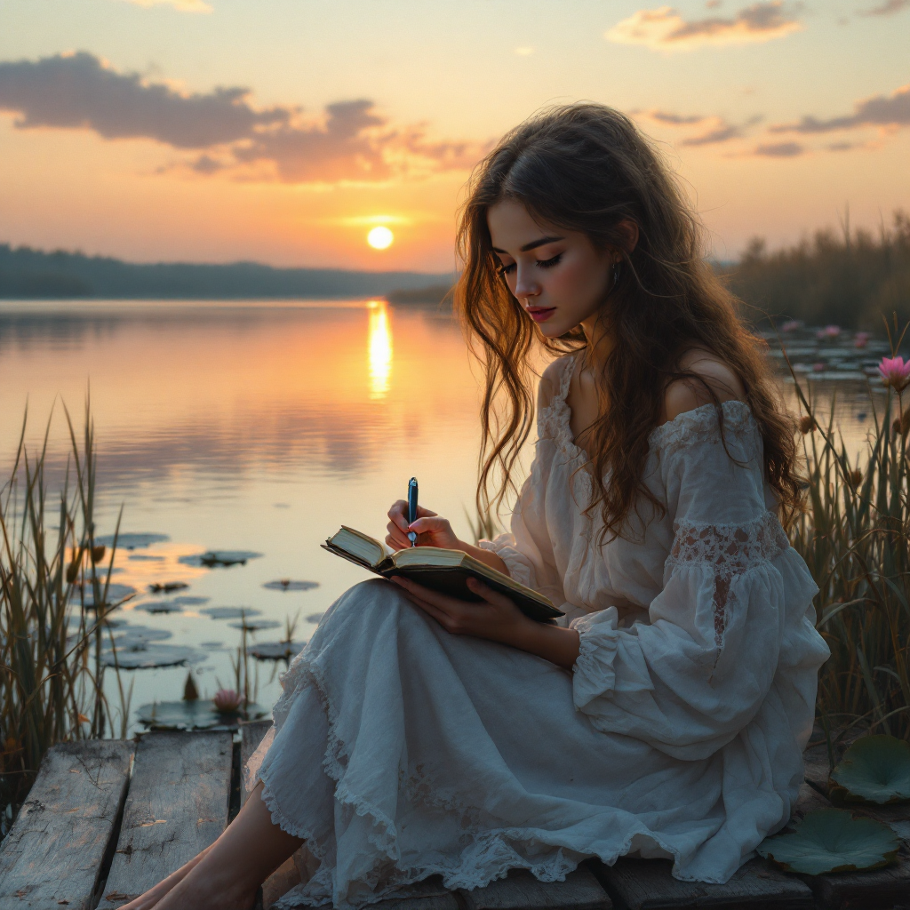 A young woman in a flowing white dress sits by a serene lake at sunset, writing in a notebook, embodying the essence of creativity and reflection.