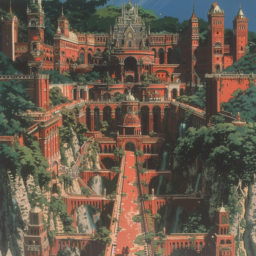 A sprawling, elaborate red palace complex with towers, bridges, courtyards, and lush vegetation, reminiscent of the Palace of Erhenrang described in the book.