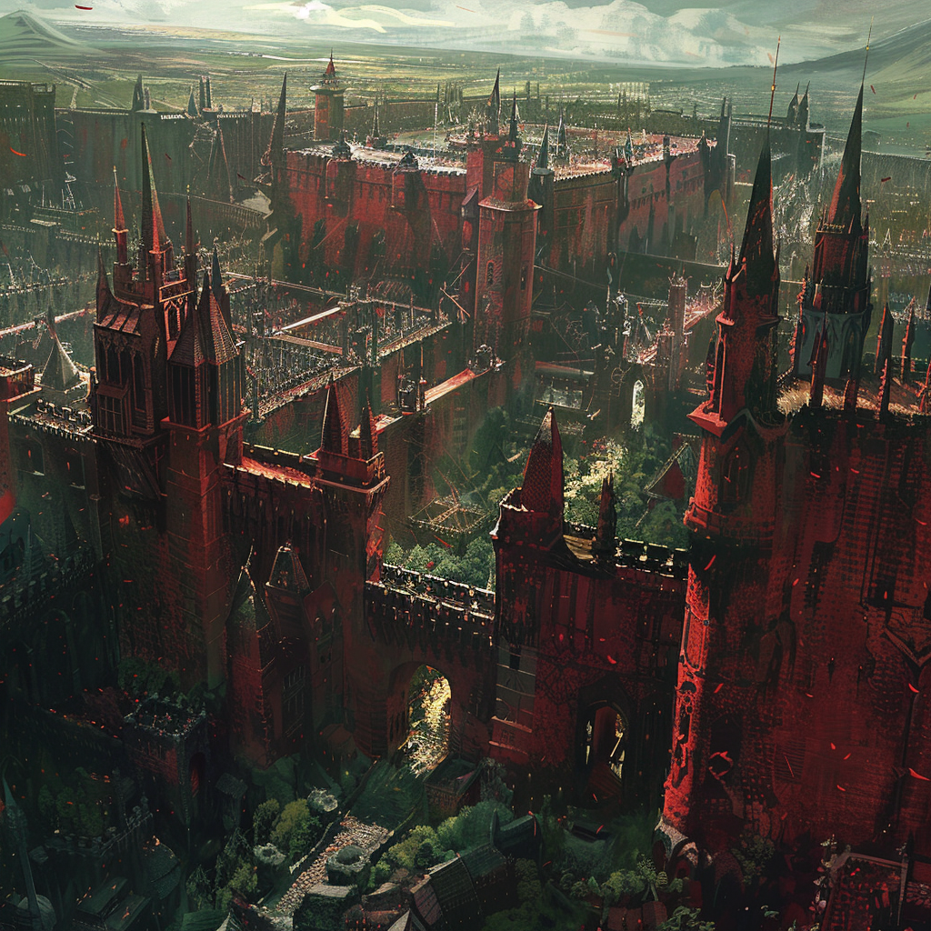 A sprawling, intricate palace complex with red walls, towering spires, gardens, courtyards, roofed bridgeways, and small forests, encapsulating the centuries-old grandeur and paranoia of Erhenrang.