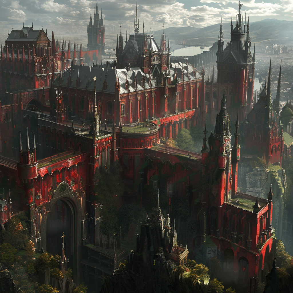 A vast, intricate palace with red, elaborate walls and gothic towers, surrounded by gardens, courtyards, and forests, representing the inner city of Erhenrang from the book.