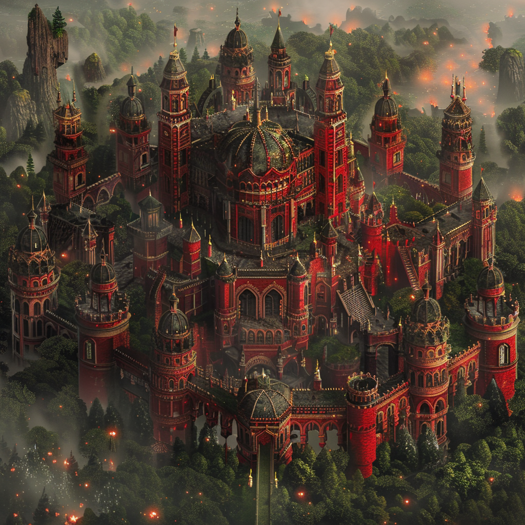 A grand, intricate palace with red elaborate walls, surrounded by lush greenery, featuring towers, courtyards, and cloisters, evoking the description of the walled city of Erhenrang from the book.