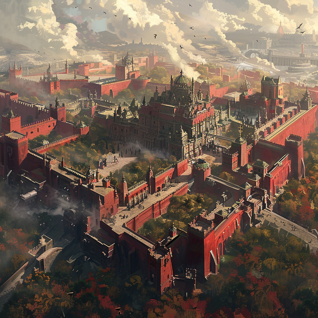 A sprawling, intricate palace complex with red walls, ornate towers, lush gardens, and dense forests, surrounded by elaborate fortifications and enveloped in smoke under a cloudy sky.