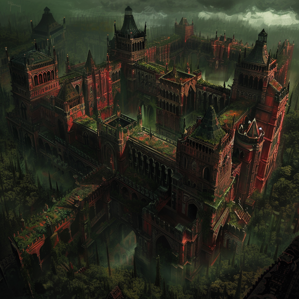 Aerial view of the Palace of Erhenrang, displaying its grim, red elaborate walls, towering structures, lush gardens, courtyards, and interconnected pathways amidst a misty, forested landscape.