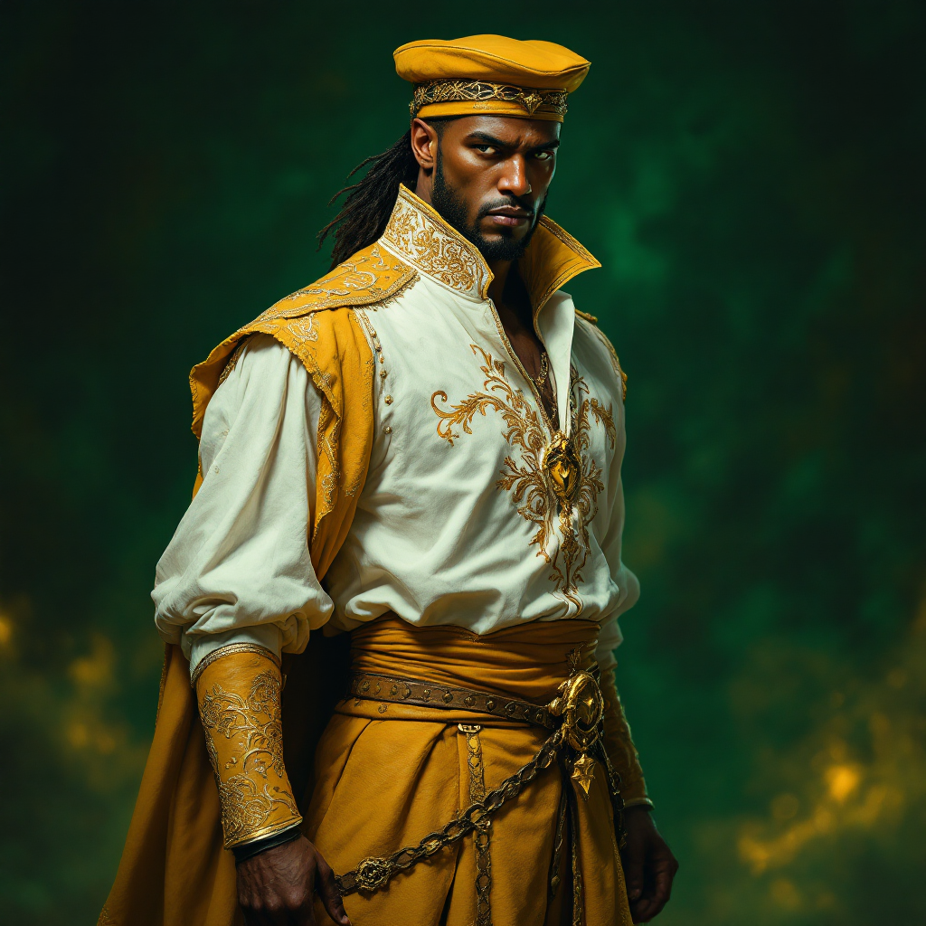 A regal figure stands in a white tunic with golden embroidery, saffron leather leggings, and a peaked yellow cap, adorned only with a gold finger-ring, exuding authority.