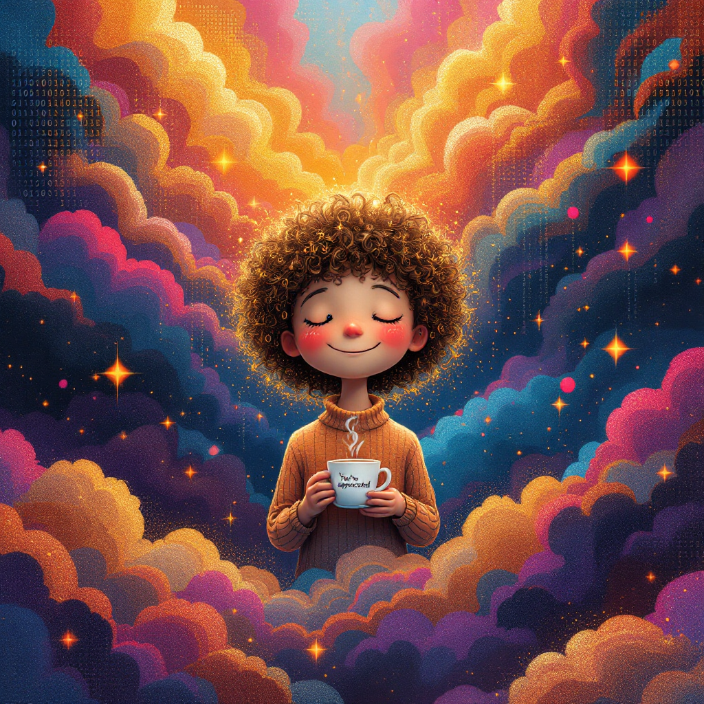 A joyful child with curly hair holds a cup, surrounded by vibrant, swirling clouds in hues of orange and purple, reflecting the small acts of kindness that elevate the vast universe.