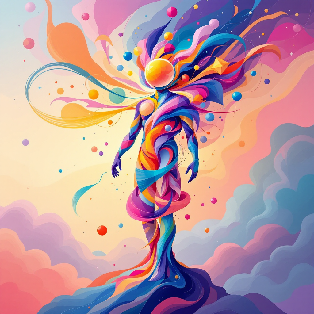 A vibrant figure emerges from swirling colors, embodying the essence of desires, with dynamic swirls and orbs radiating from a central point against a dreamy background.