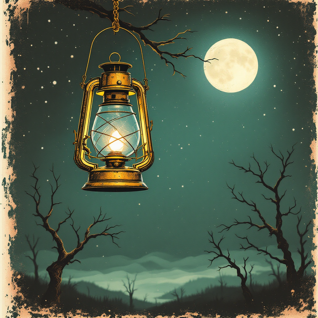 A glowing lantern hangs from a branch against a moonlit sky, illuminating a dark landscape with bare trees, embodying the quote about hope as a beacon in challenging times.