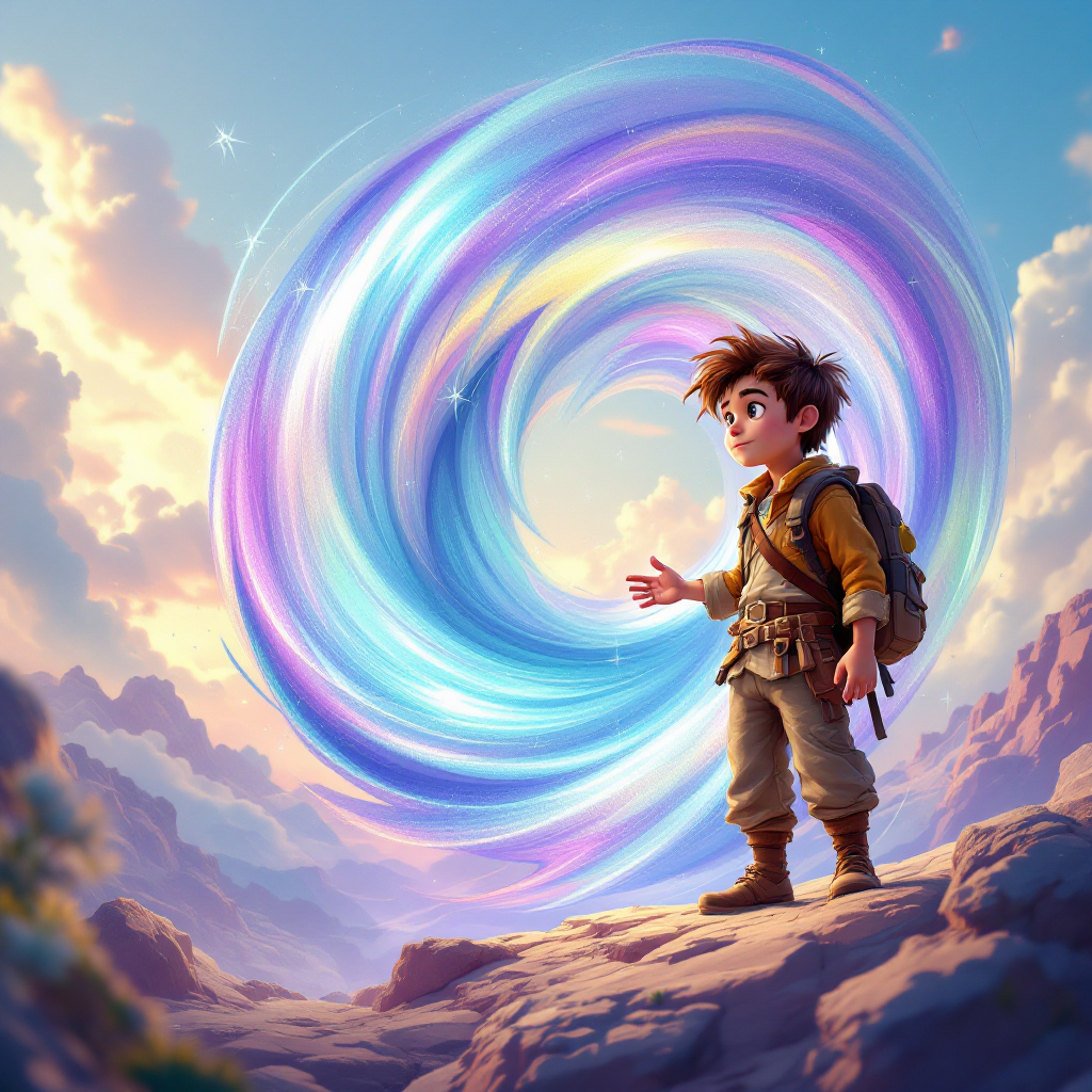 A young adventurer stands on a rocky outcrop, gazing at a swirling portal of vibrant colors, embodying the spirit of jumping into the unknown, surrounded by majestic mountains.