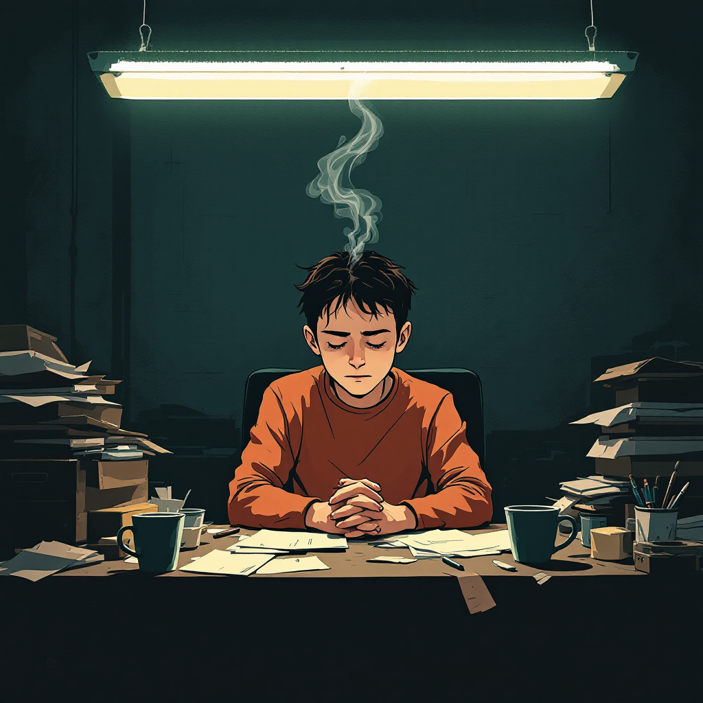 A young boy in an orange sweater sits at a cluttered desk, hands clasped in thought. Papers and coffee cups surround him under a dim light, suggesting contemplation amidst chaos.