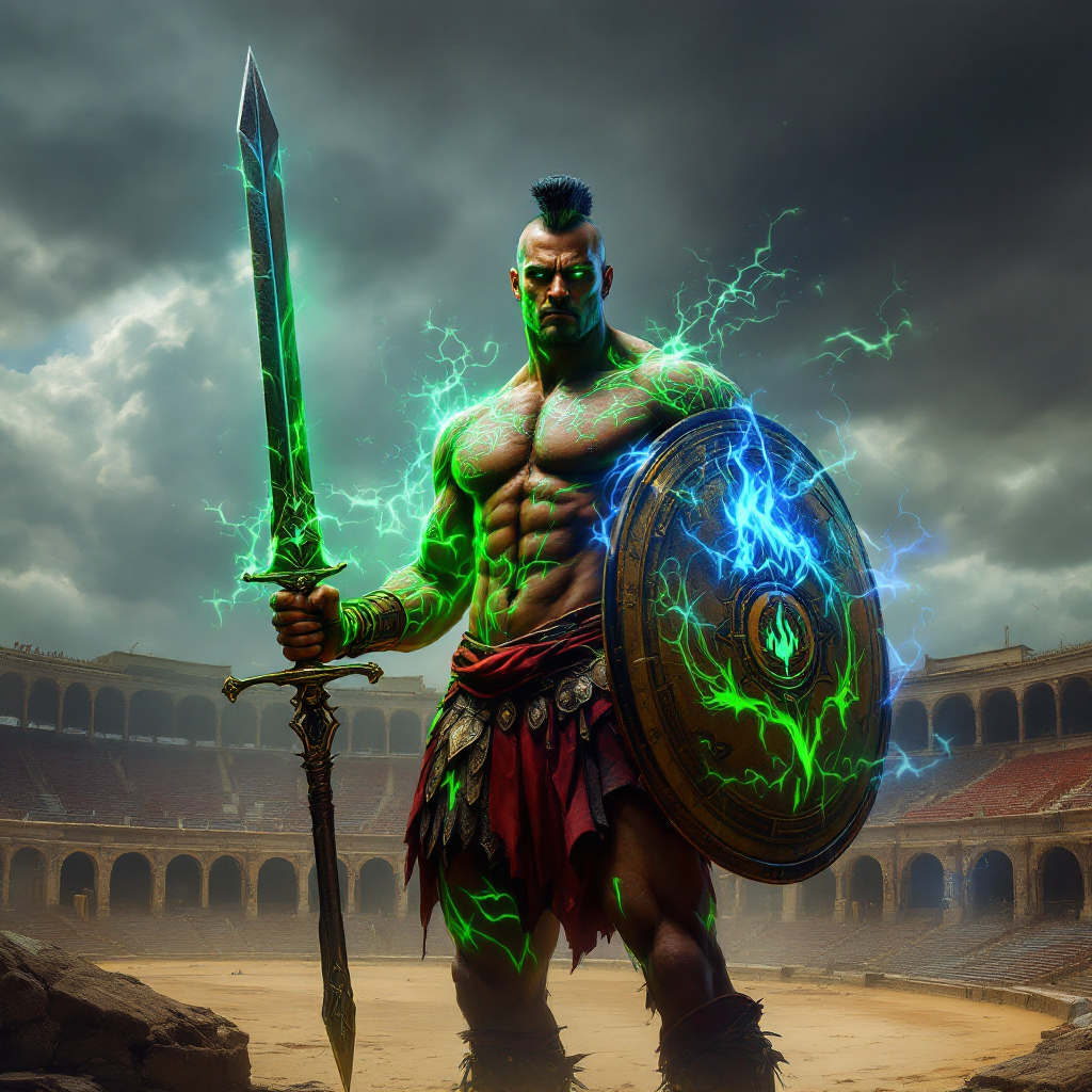 A muscular warrior stands in an ancient arena, wielding a glowing sword and shield, embodying the quote The prize is worth the pain amidst a stormy sky.