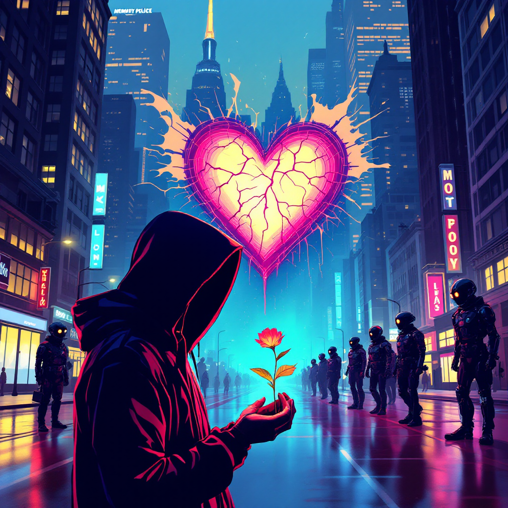 A hooded figure holds a flower in a vibrant cityscape, illuminated by a glowing heart symbol, while the Memory Police stand watch in the background.