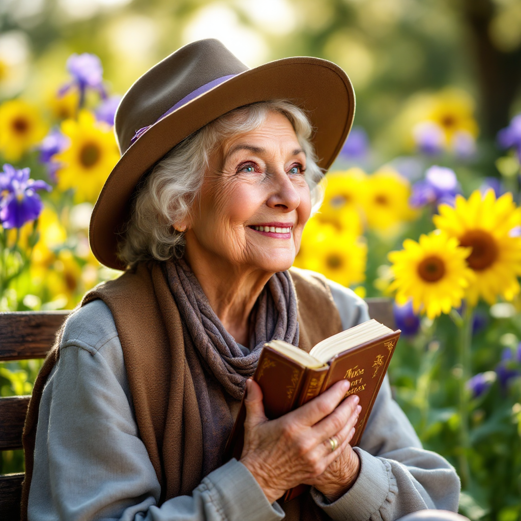 An elderly woman in a hat sits on a bench in a vibrant garden, surrounded by sunflowers and irises, joyfully reading a book, embodying the spirit of lifelong learning.