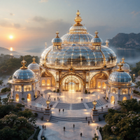 The Whisper Palace features grand glass domes and cupolas, supported by gilded titanium braces, illuminated beautifully at sunset, creating an awe-inspiring spectacle.